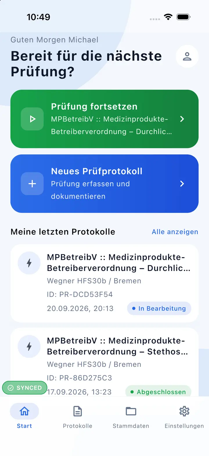 Startbildschirm der Prüfer-App mit offenen Prüfungen und letzten Protokollen