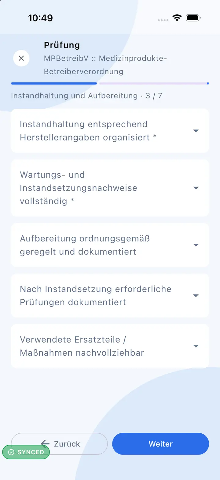 Checkliste einer Prüfung in der App, Abschnitt Instandhaltung und Aufbereitung
