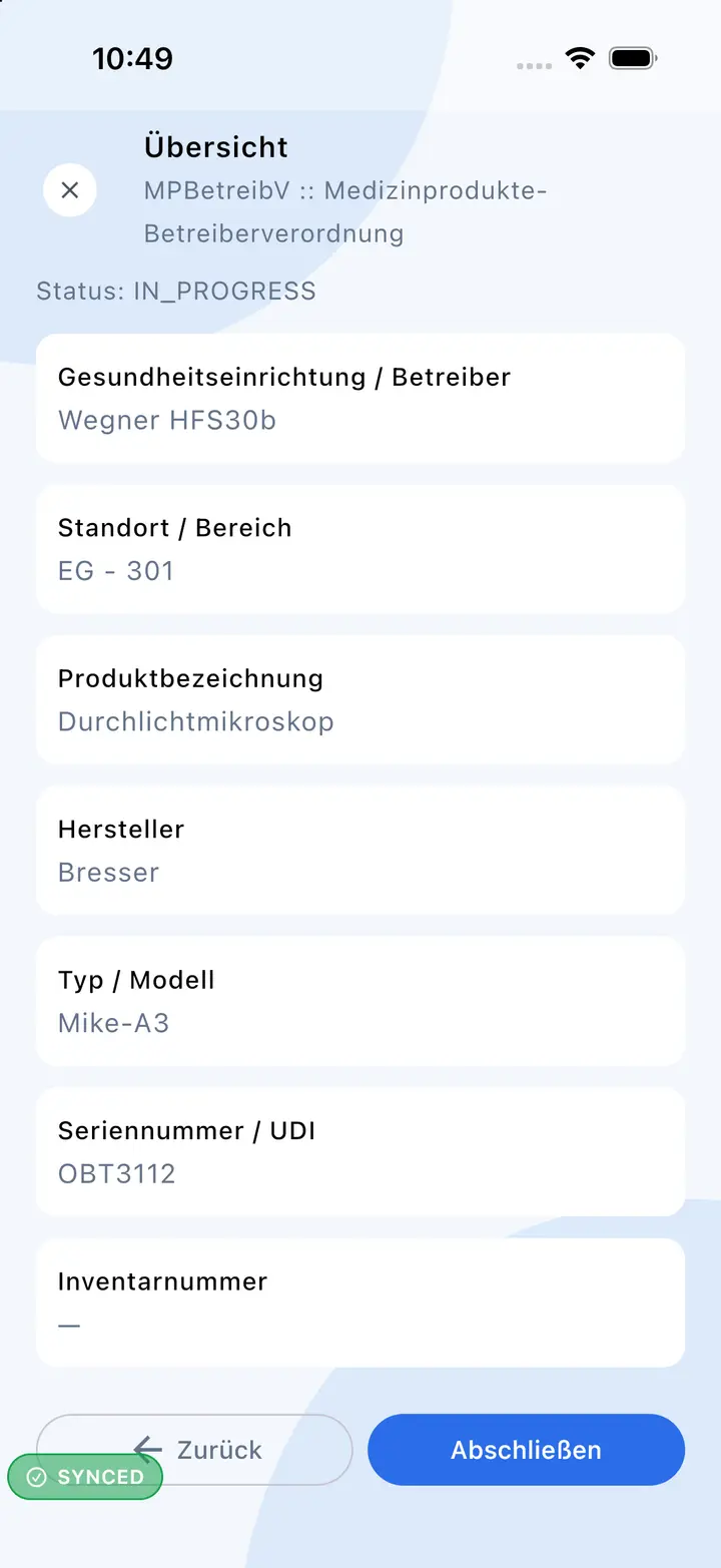 Protokollübersicht in der App vor dem Abschluss der Prüfung