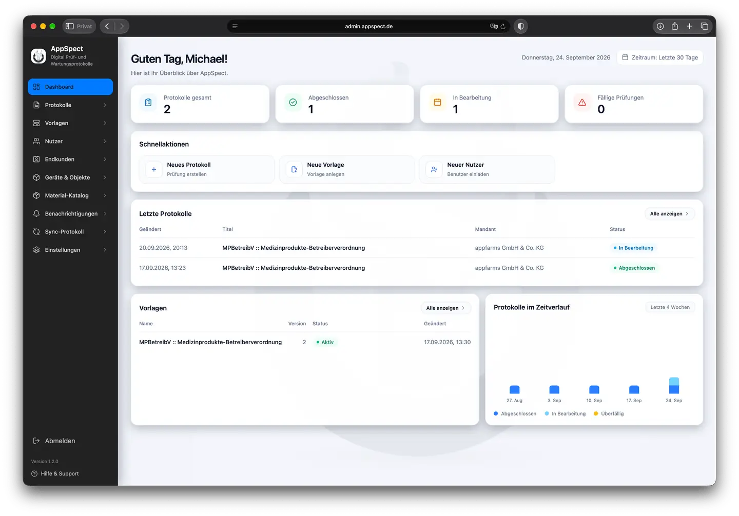 Admin-Dashboard mit Protokollstatus, Vorlagen und Verlauf der letzten Wochen