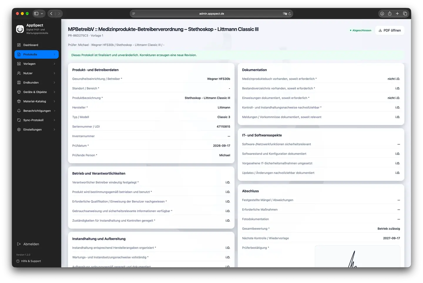 Abgeschlossenes Prüfprotokoll in der Web-Administration mit Bewertung, Unterschrift und PDF-Download