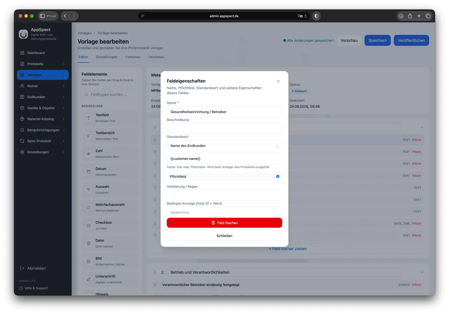 Vorlageneditor in der Administration mit Feldtypen, Pflichtfeld und Veröffentlichung
