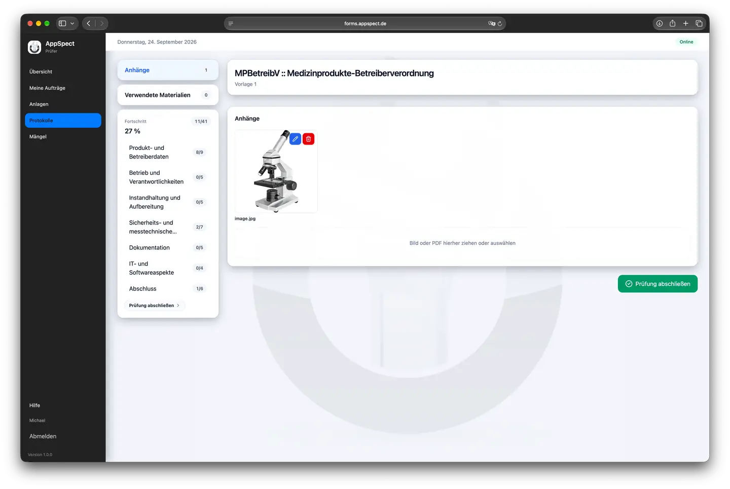 Anhang mit Foto an einem Prüfprotokoll im Web-Client