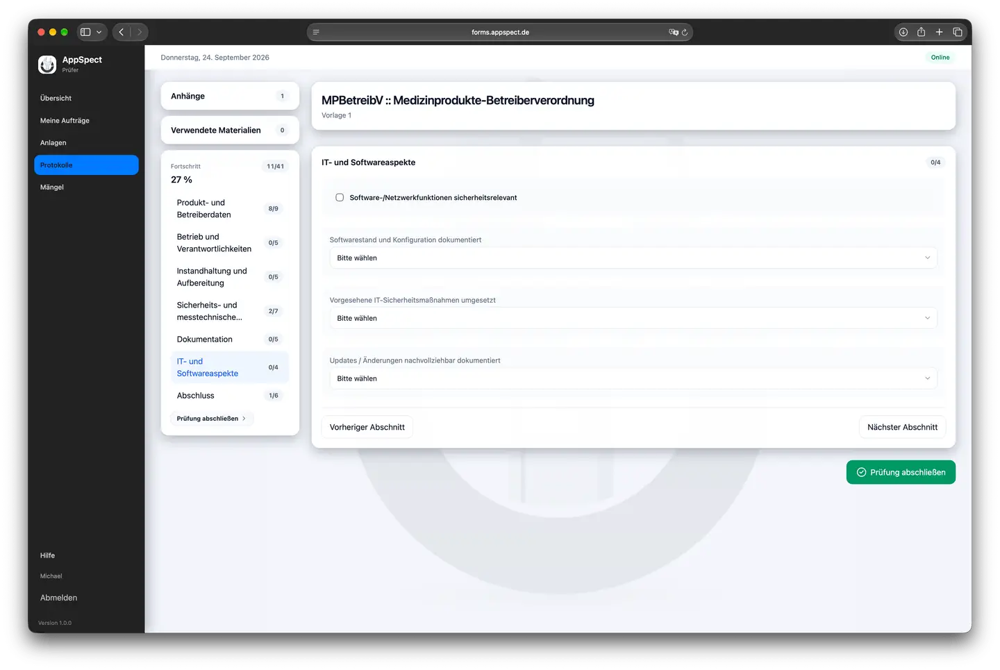 Prüfabschnitt im Web-Client mit Auswahlfeldern und Fortschritt