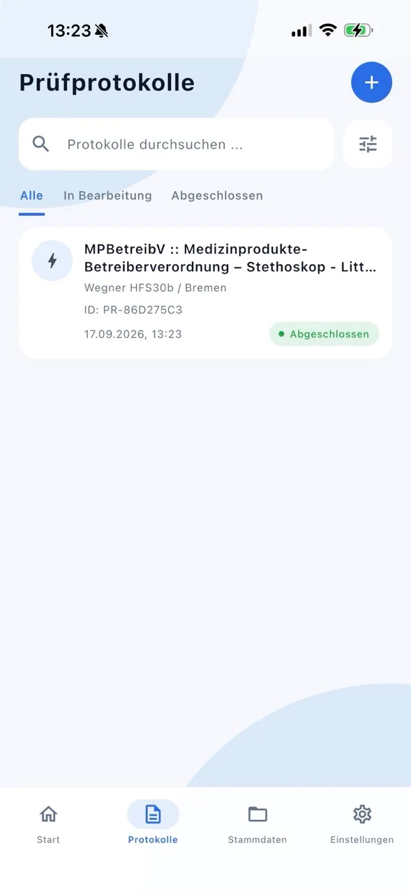 Protokollübersicht in der App mit Filter für offene und abgeschlossene Prüfungen