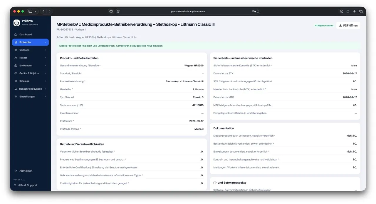 Web-Administration von PruefProt mit Übersicht abgeschlossener und zugewiesener Prüfprotokolle